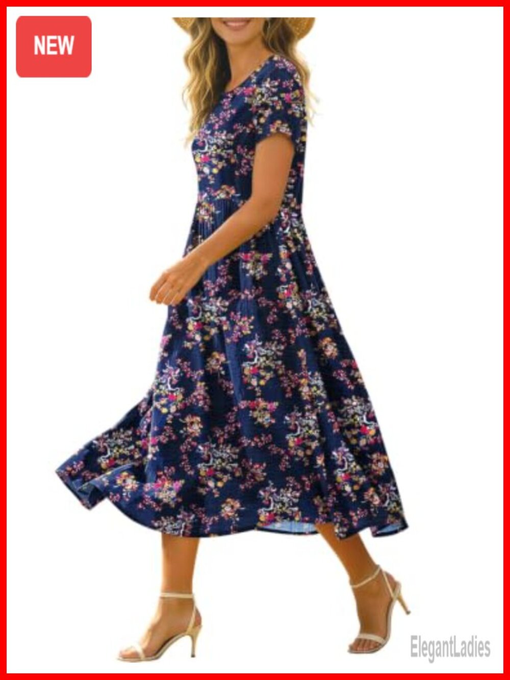 Women's Boho Floral Midi Dress Cotton Rayon Blend Short Sleeve Beach Vacation